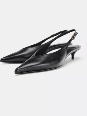 Zara Black Pointed Slingback Kitten Heel Pumps with Gold Buckle 38 Minimalist